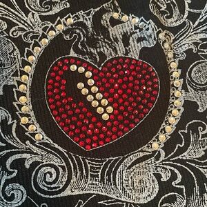 One size cropped tank top. Black and grey with red heart accent.